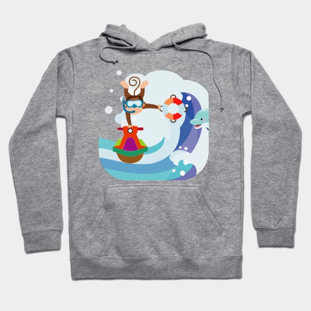 Fun monkey doing stunts on a jet ski, finding a dolphin surfing a wave Hoodie by Ideas Design